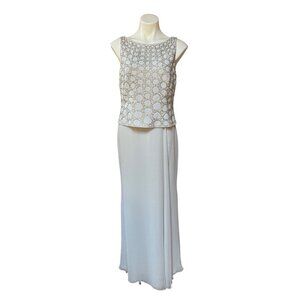 Vintage 90s/Y2K Vintage Daymor Couture Maxi Length Cocktail Dress Silver Beaded